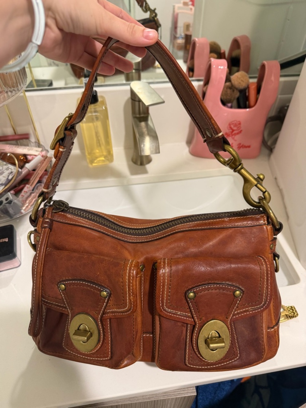 Coach Brown Leather Shoulder Bag with Brass Hardware
